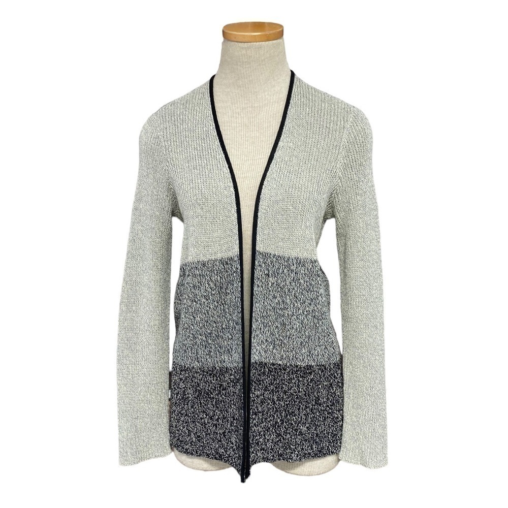 Eileen Fisher Sweater Cardigan Linen Wool Knit Open Gray Black SP Small Petite